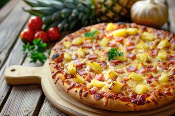 Just baked Hawaiian pizza with pineapple and ham on wooden board