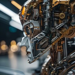 Fototapeta premium A close-up of a robot's intricate mechanical parts and circuitry2