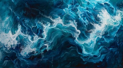 Ocean waves texture, swirling foam, deep blues and turquoise - obrazy, fototapety, plakaty
