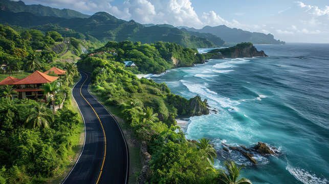Coastal Highway Aerial Perspective, road adventure, path to discovery, holliday trip, Aerial view