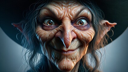 Close-up of an Ugly Witch Character Face with piercing eyes and wrinkled skin. Generative AI.