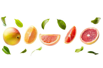 Grapefruit with half slices falling or floating in the air with green leaves isolated on background, Fresh organic fruit with high vitamins and minerals.