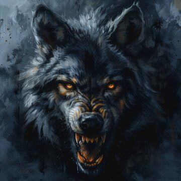   A painting of a wolf's face with orange eyes and a menacing snarl