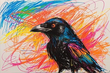 Crow in chaotic wax crayon drawing style - obrazy, fototapety, plakaty