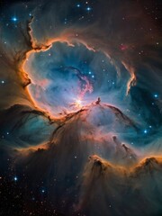 In space, a nebula swirls with gases, dust, stars, and vibrant colors, a stunning portrait of cosmic beauty and evolution.