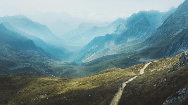A cinematic wide shot of a lone trail runner dwarfed by a vast panorama of mountains