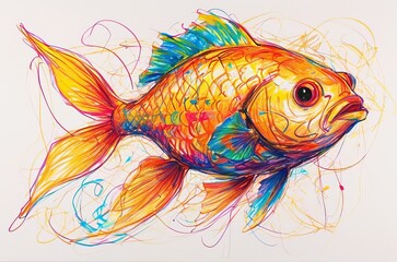 Fototapeta premium Golden fish in chaotic crayon drawing style