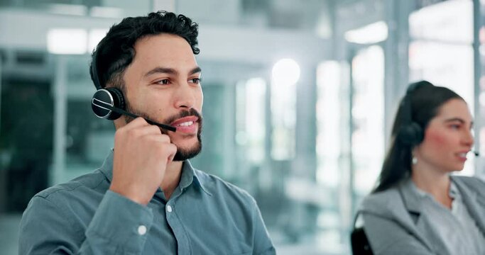 Man, headset or phone call as telemarketing, crm or computer software to contact help desk. Male consultant, customer service agent or mic to explain, support or advice on corporate account in office