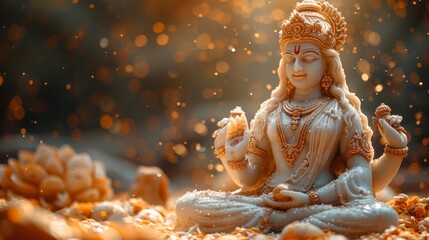   A statue of a Hindu god seated amidst a mound of golden flakes and confetti - obrazy, fototapety, plakaty