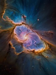 In space, a nebula swirls with gases, dust, stars, and vibrant colors, a stunning portrait of cosmic beauty and evolution.