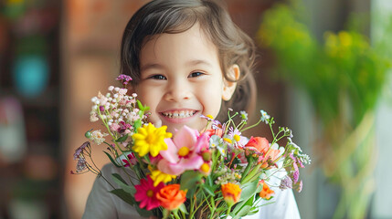 Happy, smiling kid with bunch of colorful flowers for mothers day or birthday celebration. Horizontal banner or background