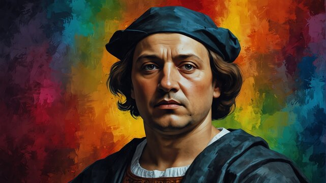 christopher columbus abstract portrait oil pallet knife paint painting on canvas large brush strokes art watercolor illustration colorful background from Generative AI