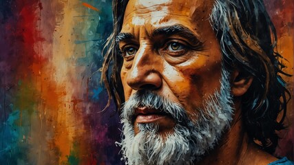 euripides abstract portrait oil pallet knife paint painting on canvas large brush strokes art watercolor illustration colorful background from Generative AI