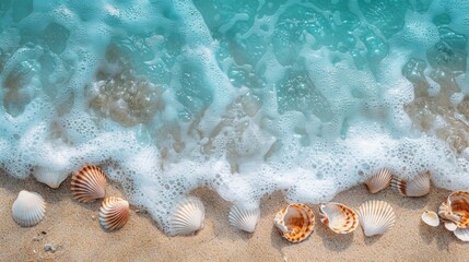 Close-up of weathered seashells scattered on the sand, washed by gentle turquoise waves