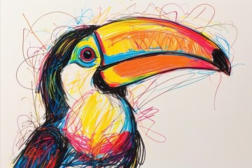 Toucan in chaotic wax crayon drawing style - obrazy, fototapety, plakaty