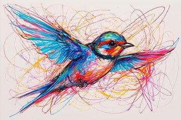 Fototapeta premium Swallow in chaotic wax crayon drawing style
