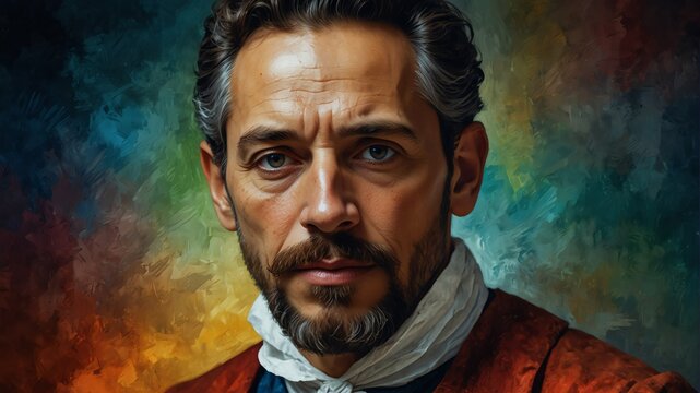 miguel de cervantes abstract portrait oil pallet knife paint painting on canvas large brush strokes art watercolor illustration colorful background from Generative AI