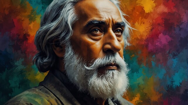 rabindranath tagore abstract portrait oil pallet knife paint painting on canvas large brush strokes art watercolor illustration colorful background from Generative AI