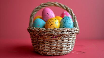 Fototapeta na wymiar A basket overflowing with multicolored Easter eggs atop a pink confetted surface