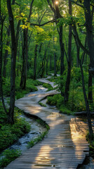 Scenic Wooden Pathway Along River, road adventure, path to discovery, holliday trip, Aerial view