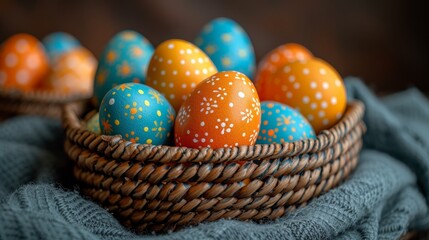 Fototapeta na wymiar A basket brimming with colorfully painted eggs atop a blue quilted blanket, resting on a blue tablecloth