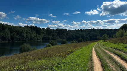 dirt road to the lake in the forest in the summer