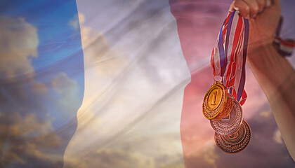 The collage could show a variety of images related to the 2024 Paris Olympics, such as athletes competing in different sports, the Olympic rings, the Eiffel Tower, and the French flag.
