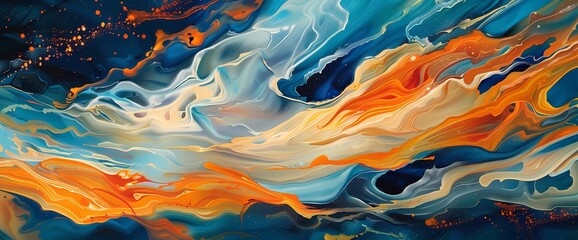 Abstract waves of azure and fiery orange collide, creating a dynamic display of color and movement. - obrazy, fototapety, plakaty
