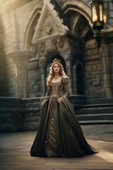 Naklejka premium Elegant queen standing in front of castle