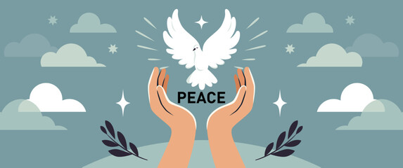 Dove of peace and flowers. Symbol of peace , horizontal banner.  - 774677120