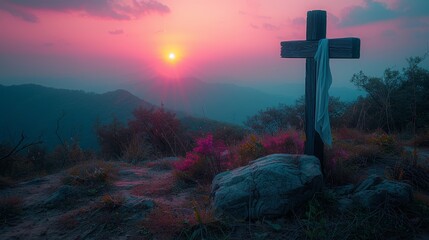   A cross atop a hill, silhouetted against the sunset, and a mountain range in the foreground - obrazy, fototapety, plakaty