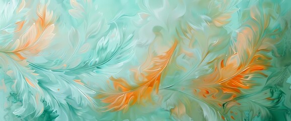 Fototapeta na wymiar Amber plumes creating enchanting patterns over a canvas painted in shades of mint green.
