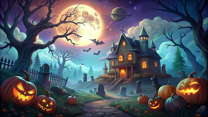 Halloween pumpkins in a scary halloween theme park  background - obrazy, fototapety, plakaty