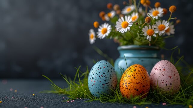   A vase filled with flowers sits beside three painted eggs on a green grass field, adorned with daisies