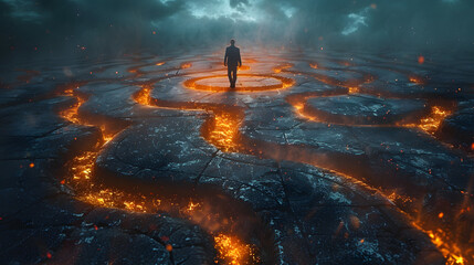 A businessman standing in the center of an intricate maze - obrazy, fototapety, plakaty