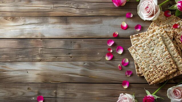 Pesah celebration concept. Passover befin at sundown. an important celebration in the Jewish religion, decorated with matzoh and roses, presented on a wooden background featuring copy space. 4K Video