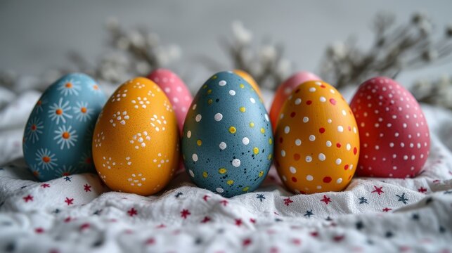   A row of painted eggs atop a white bed, adorned with a white and red bedspread