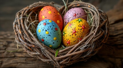 Obraz premium Three painted eggs in a nest atop driftwood Nest contains grass; eggs sprinkled