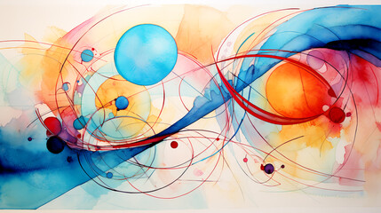 Abstract painting circle and lines mixed on white background.