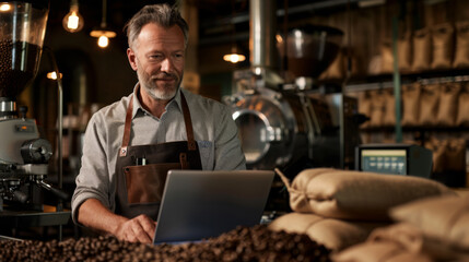 A barista in a denim shirt and leather apron uses a laptop beside a coffee roasting machine.