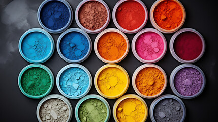 Array of Vibrantly Colored Pigment Powders in Open Containers Arranged in a Gradient Pattern