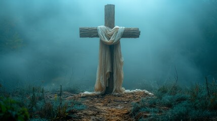   A crucifix, its cross cloaked in foggy field mist, by a cloth