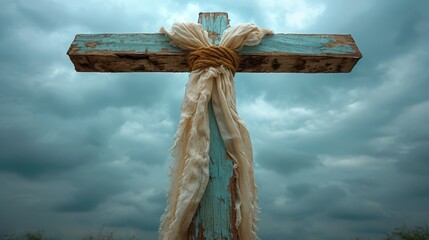   A wooden cross with a cloth draped over it, against a backdrop of cloudy skies - obrazy, fototapety, plakaty