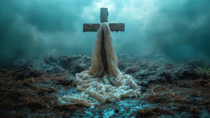   A crucifix, covered by a cloth, stands alone in a muddy field beneath a cloudy sky