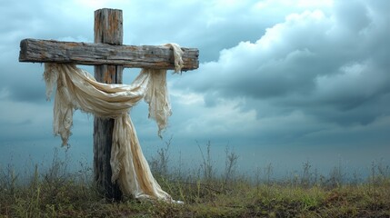   A wooden cross with a white scarf draped from its side in a grassy field Underneath, a cloud-filled sky - obrazy, fototapety, plakaty