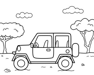 Safari jeep drawing, Coloring page for kids. Children's coloring activity sheet. Painting for kids. Cartoon black and white image.