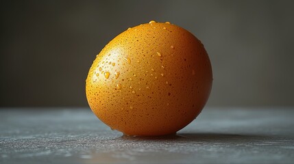   An orange atop a table, dripping with water droplets against a black-and-white backdrop