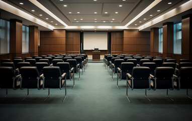 Empty conference room with chairs and a projector. Lecture hall with screen and grey chairs