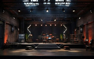 Concert stage with brick walls, metal trusses and soffit lights, industrial vibe - obrazy, fototapety, plakaty