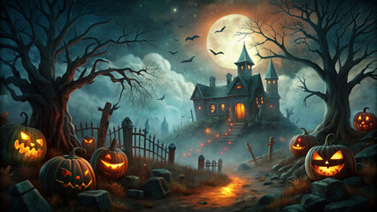 Halloween pumpkins in a scary halloween theme park  background